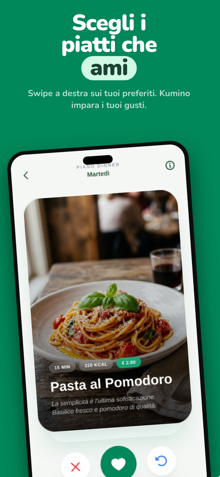 Scegli i piatti che ami: scorri le ricette e Kumino impara i tuoi gusti